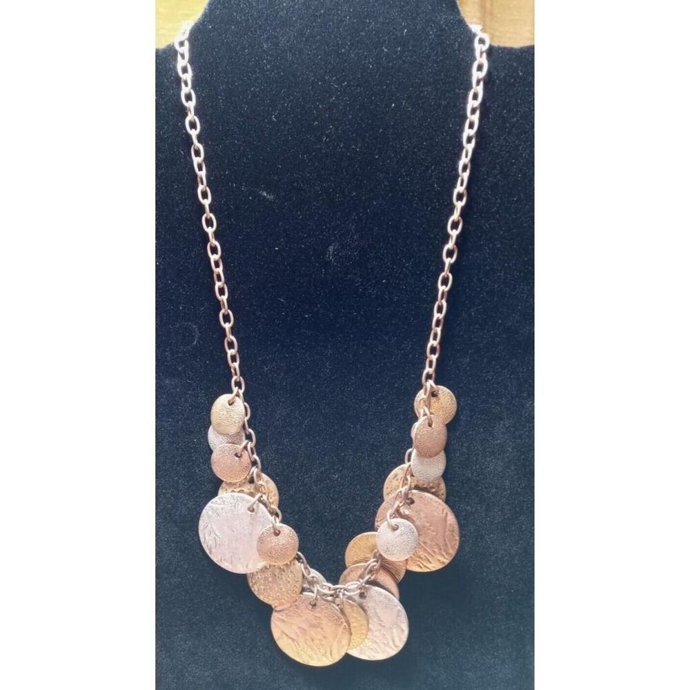 Vintage Necklace Gold & Silver Tone Hammered Disks Charms 11" 70s Boho Chunky